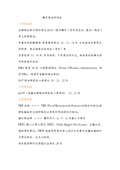 全国每年考证时间表