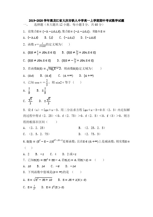 2019-2020学年黑龙江省大庆市铁人中学高一上学期期中考试数学试题