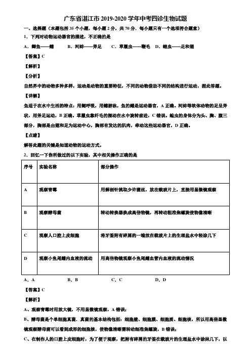 广东省湛江市2019-2020学年中考四诊生物试题含解析