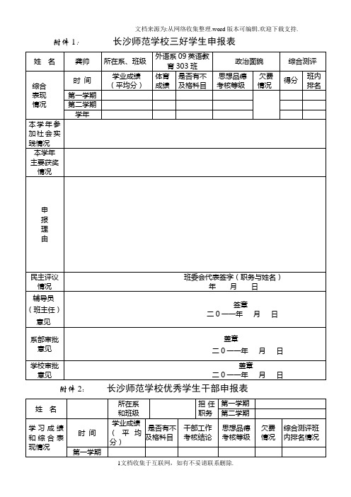 长沙师范专科学校三好学生、优秀学生干部、先进班集体申报表
