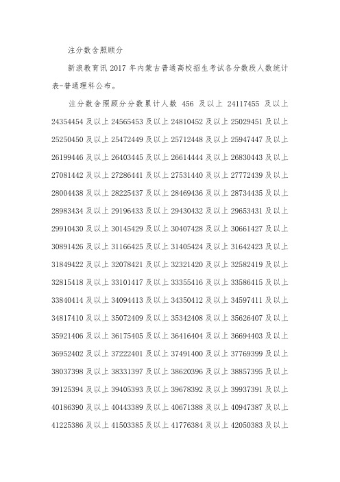 内蒙2017年高考分数统计一分一档表(理科)