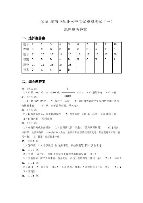昆明市五华区2018年初中学业水平模拟考试(一)模地理答案