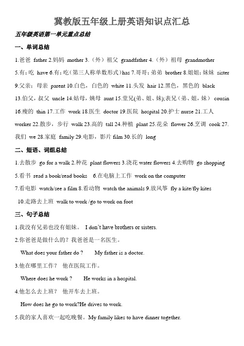 冀教版五年级上册英语知识点汇总