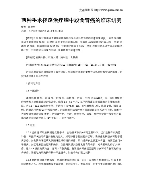 两种手术径路治疗胸中段食管癌的临床研究