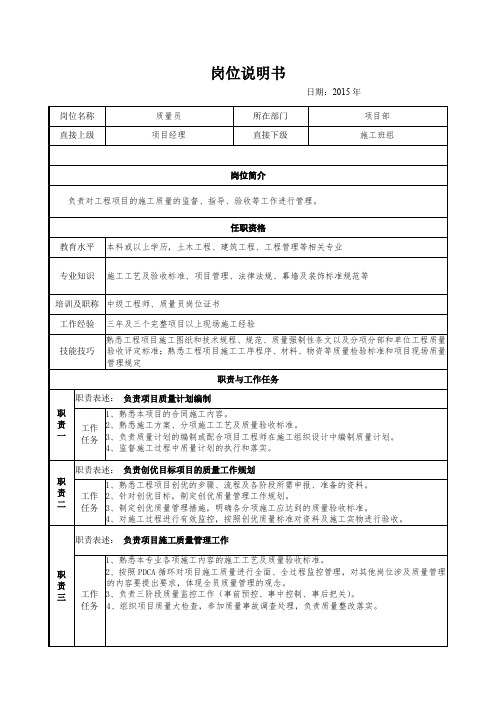 质量员岗位说明书
