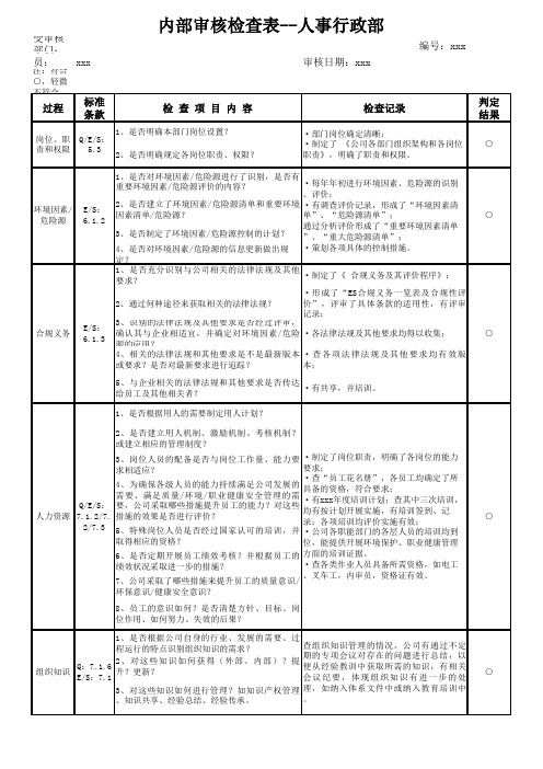 质量、环境、职业健康安全三体系三体系内审检查表 - 行政人事部