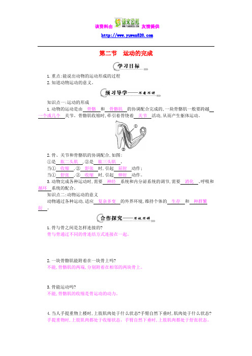 八年级生物上册 第四单元 第一章 第二节《运动的完成》导学案 (新版)冀教版