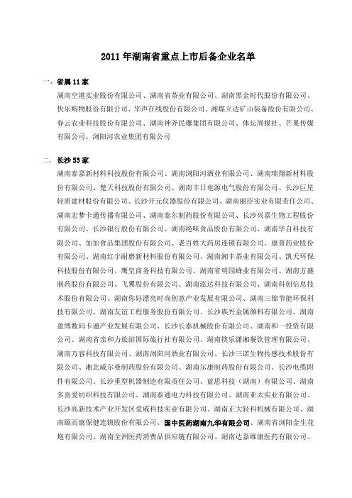 2011年湖南省重点上市后备企业名单