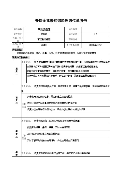 餐饮企业采购部经理岗位说明书