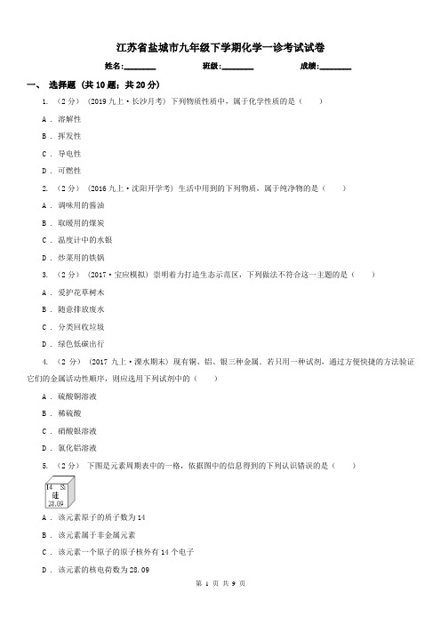 江苏省盐城市九年级下学期化学一诊考试试卷