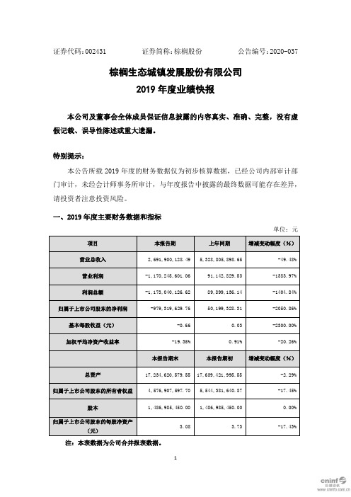 棕榈股份：2019年度业绩快报