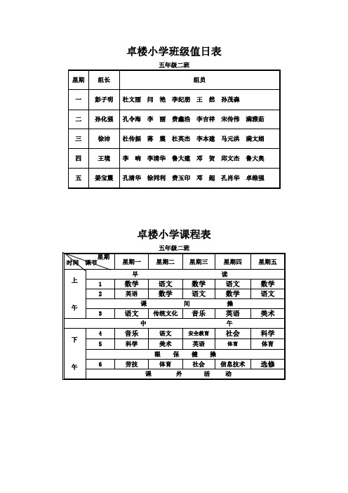小学班级值日表