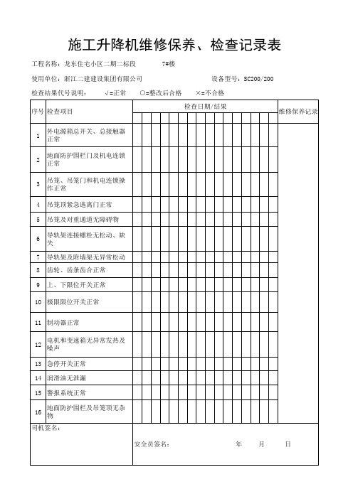 施工电梯维修保养、检查记录表