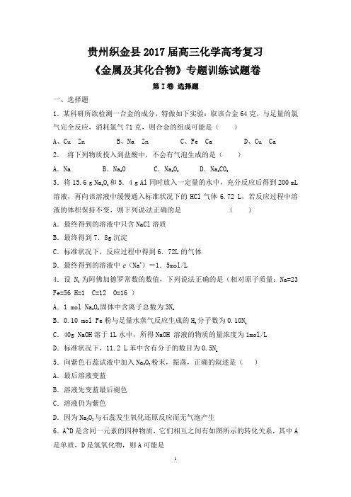 贵州织金县2017届高三化学高考复习《金属及其化合物》专题训练试题卷word版 含答案