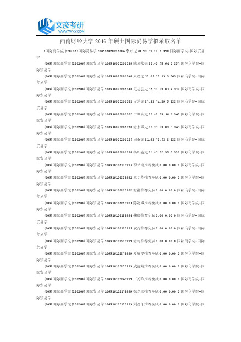 西南财经大学2016年硕士国际贸易学拟录取名单