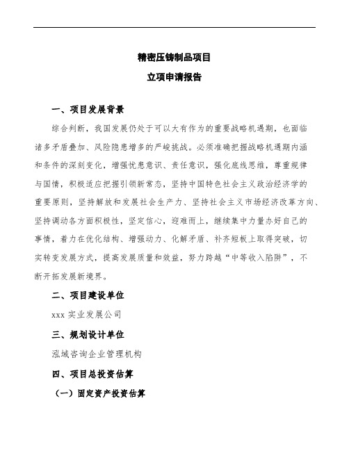 精密压铸制品项目立项申请报告(立项备案模板)