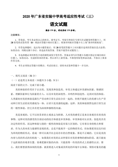 2020年广东省实验中学高考适应性考试语文试题(三)(含答案)