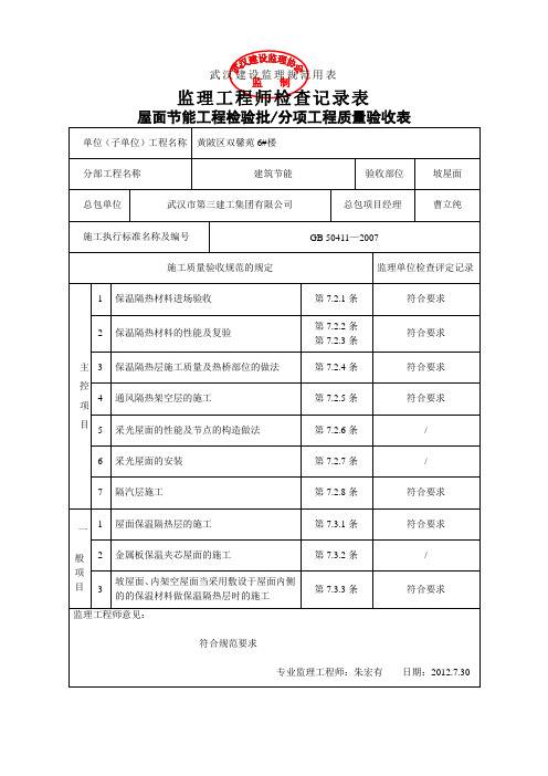 屋面节能工程检验批(监理工程师检查记录表)