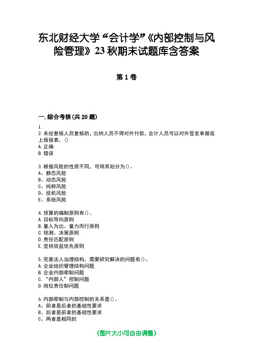 东北财经大学“会计学”《内部控制与风险管理》23秋期末试题库含答案版