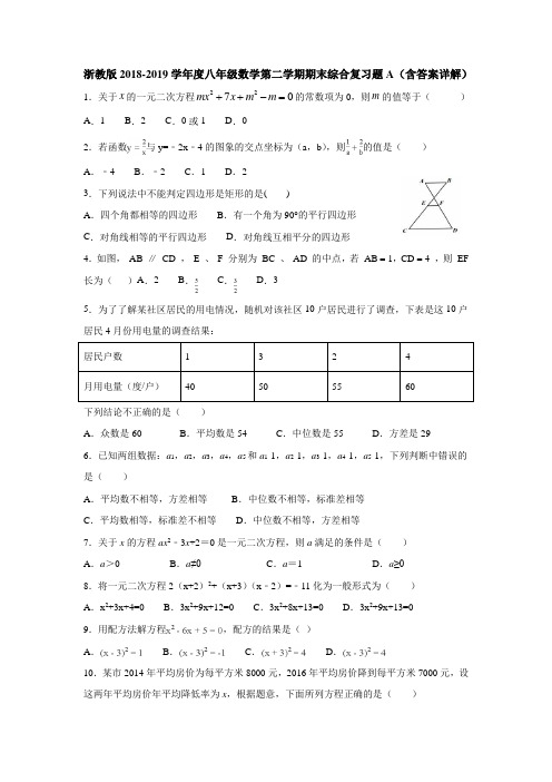 浙教版2018-2019学年度八年级数学第二学期期末综合复习题A(含答案详解)