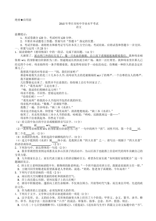 山东枣庄2018年中考语文试卷(有答案)