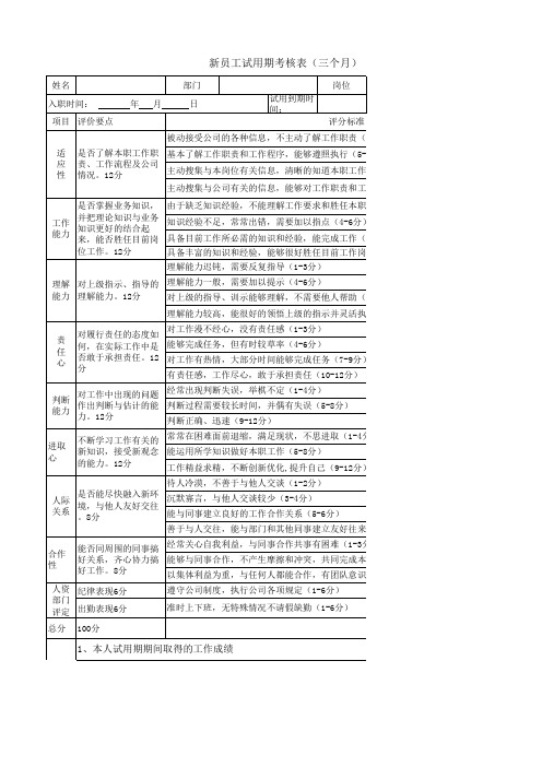 新员工试用期考核表