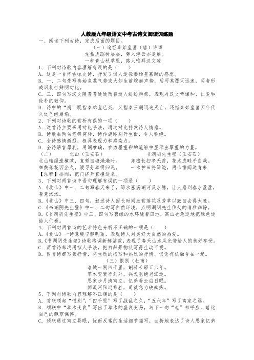 人教版九年级语文中考课外古诗文阅读训练题