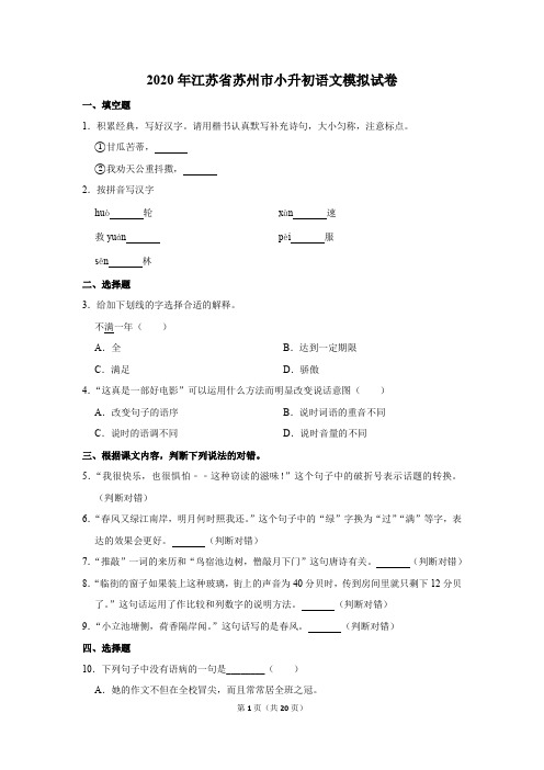2020年江苏省苏州市小升初语文模拟试卷及答案解析