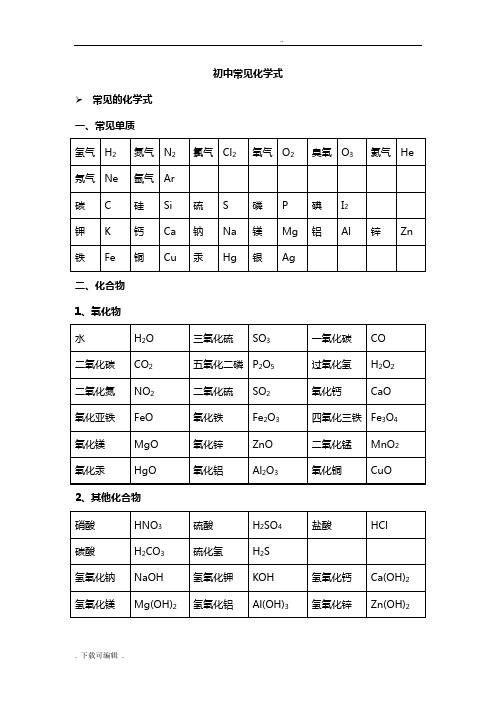 初中常见化学式大全