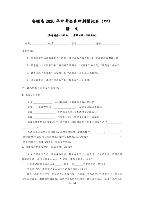 安徽省2020年中考语文全真冲刺模拟卷(四)含解析版答案