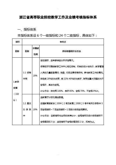 浙江省高等职业院校教学工作及业绩考核指标体系