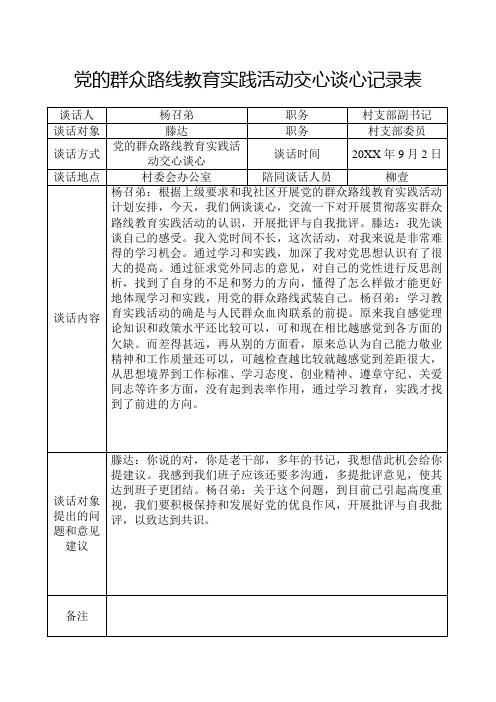 党的群众路线教育实践活动交心谈心记录表