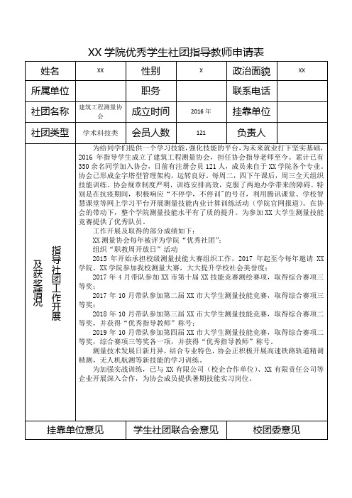 xx学院优秀学生社团指导教师申请表