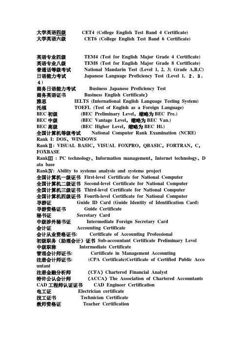 各类证书的英语翻译