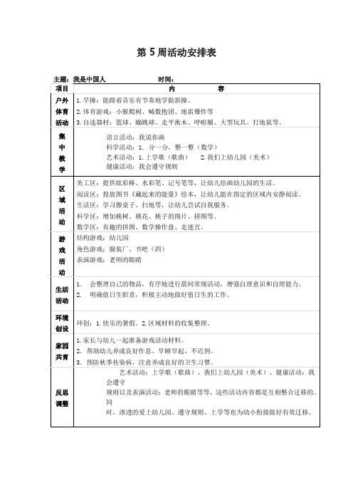 【幼儿园大班上学期】第5周活动安排表