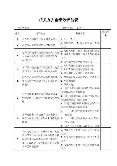 相关方安全绩效评估表