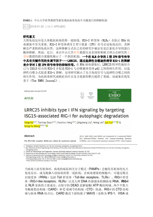 EMBO J：中山大学崔隽教授等新发现抗病毒免疫中关键蛋白的降解机制