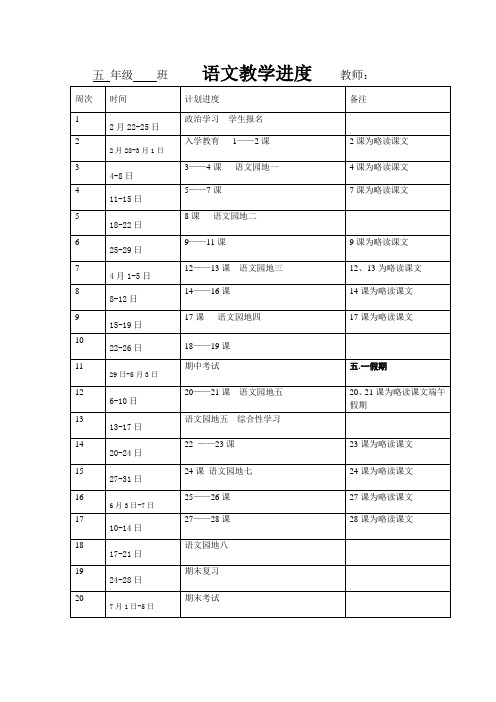 小学人教版五年级语文下册教学计划进度表