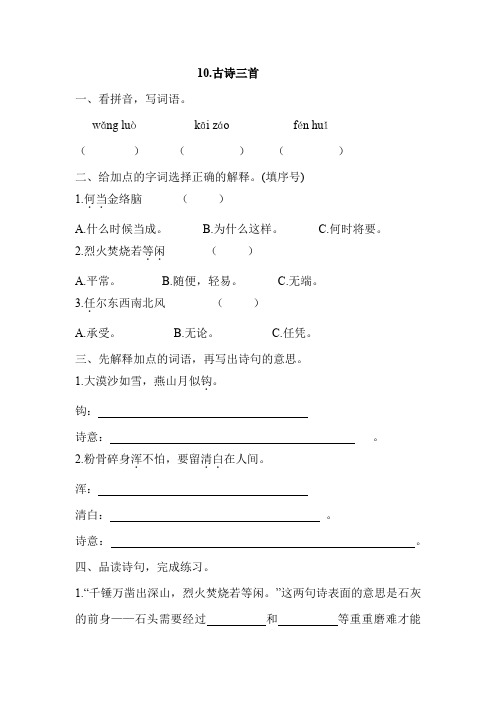 六年级下册语文 10.古诗三首 同步练习(含答案)