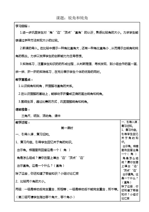 【人教版】数学二年级下册：锐角和钝角