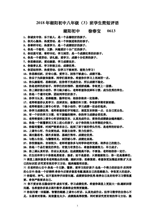 2018年湖阳初中八年级(3)班学生简短评语