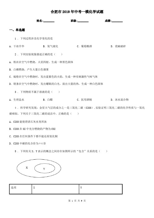 合肥市2019年中考一模化学试题