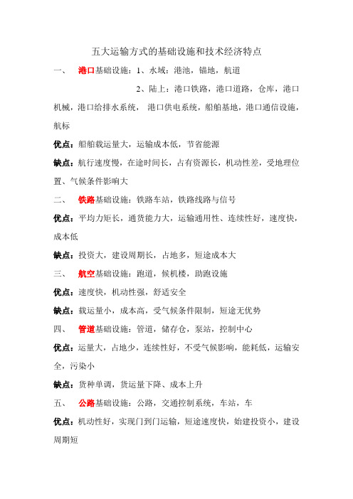五大运输方式的基础设施和技术经济特点