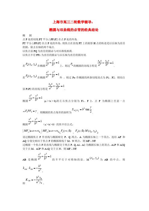 上海市高三二轮数学辅导椭圆与双曲线的必背的经典结论泸科版