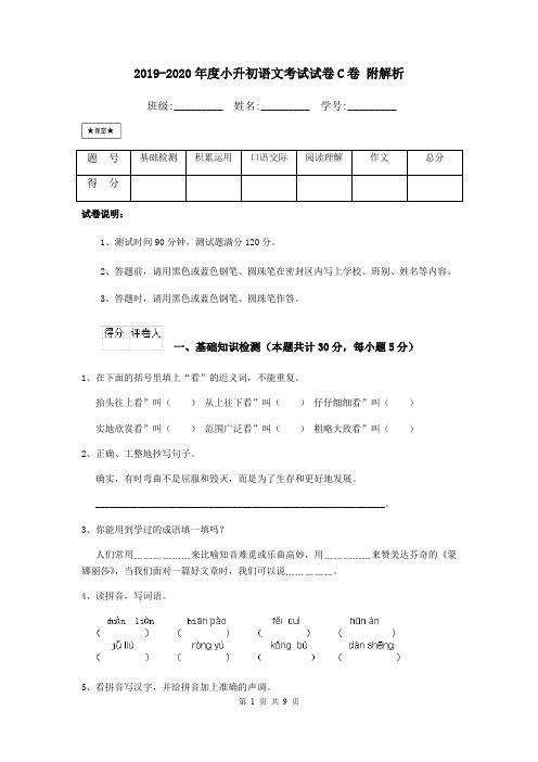 2019-2020年度小升初语文考试试卷C卷 附解析