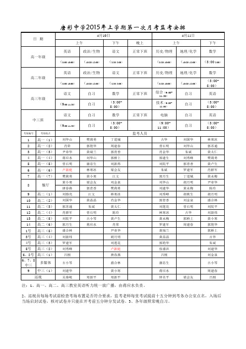 2015年上学期第一次月考监考安排打印