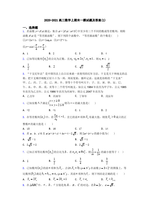 2020-2021高三数学上期末一模试题及答案(1)