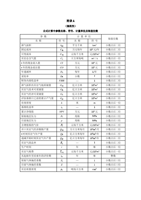 页岩气可采储量估算公式计算中参数名称、符号、计量单位及取值位数、页岩气可采储量估算报告附表格式