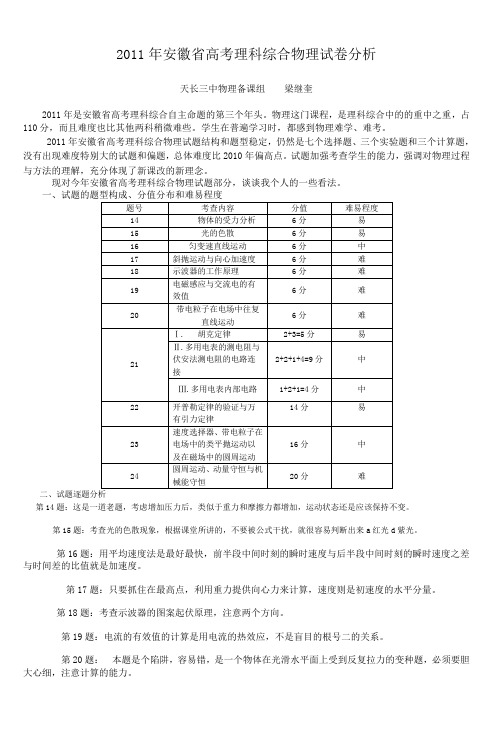 2011年安徽省高考理科综合物理试卷分析