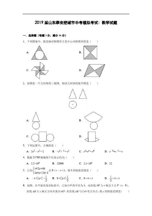 山东泰安肥城市2019年中考模拟考试数学试题(含解析)